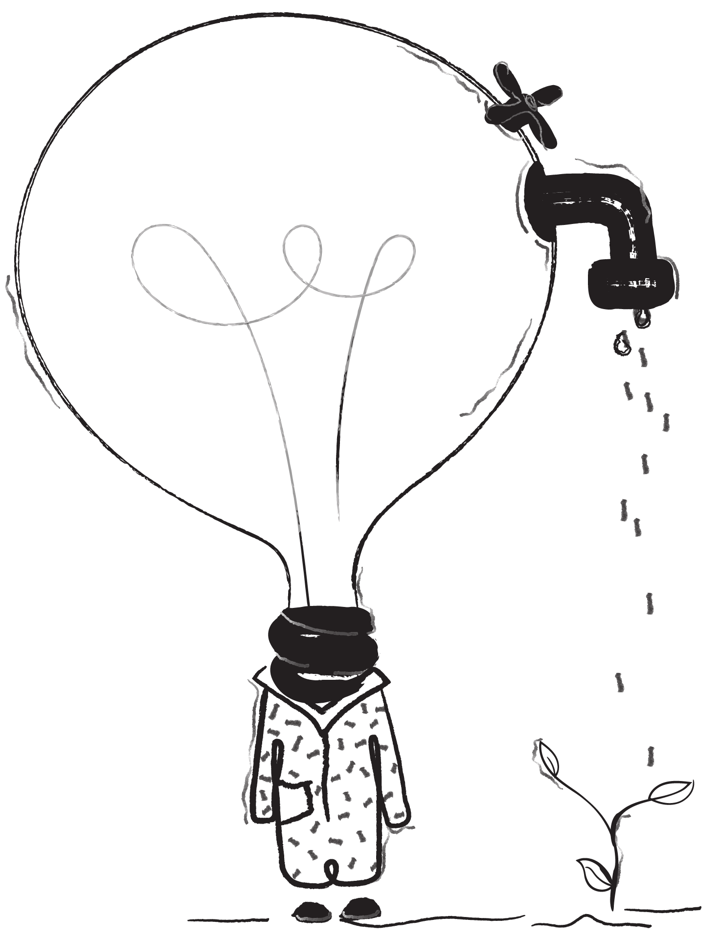 An embodied lightbulb with a spigot watering a plant (it's an absurd illustration).