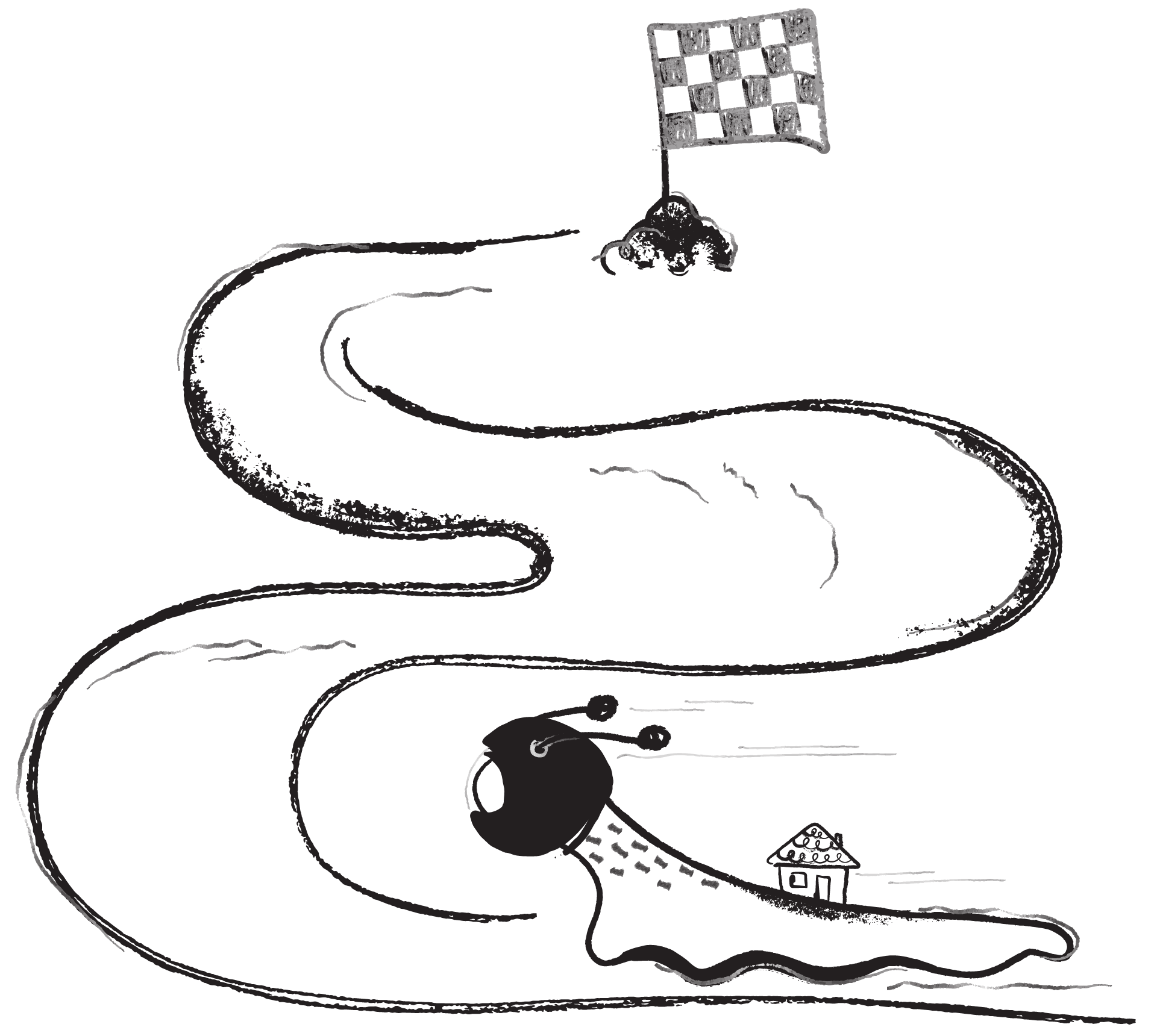 A snail wearing a racing helmet approaching the end of a race.